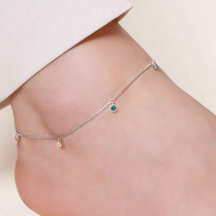 Multi Colour Drops Rhodium Plated 925 Silver Anklet (Adjsutable)