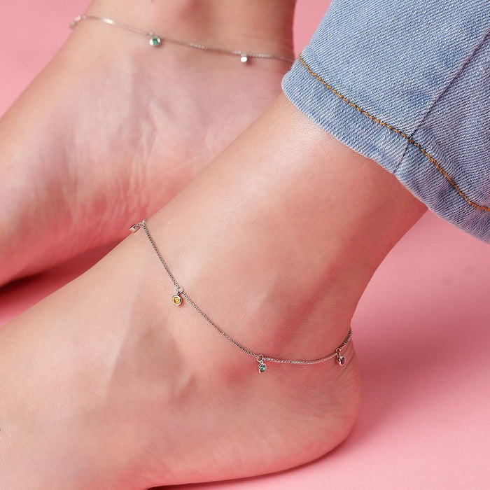 Multi Colour Drops Rhodium Plated 925 Silver Anklet (Adjsutable)