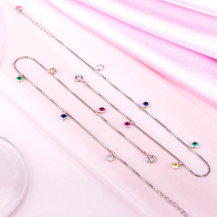 Multi Colour Drops Rhodium Plated 925 Silver Anklet (Adjsutable)