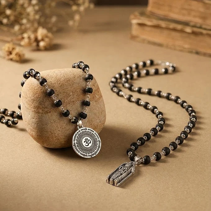 Murugan Sangam: Silver-Capped Shakti Pendant & OM Malai Combo