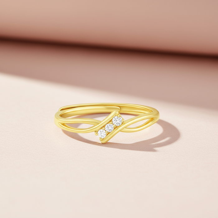 Gold plated 925 sterling silver adjustable ring for women featuring three stones on a crossover band. – Zavya