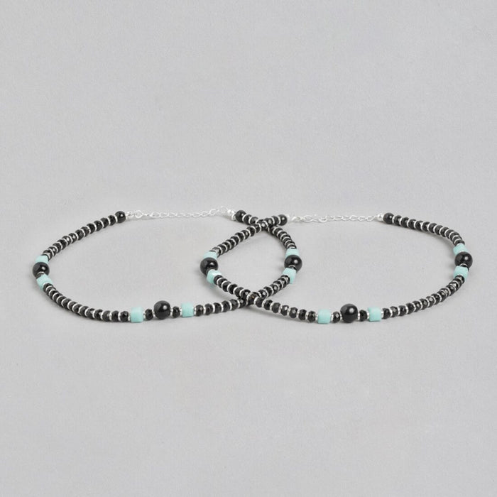 Mystic Fusion Rhodium Plated Green & Black Bead 925 Sterling Silver Anklet