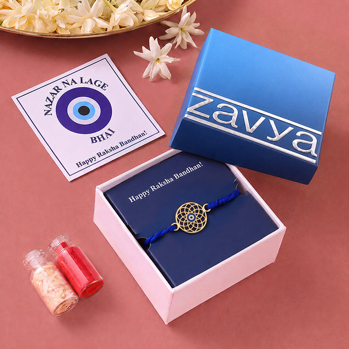 Mystic Mandala Evil Eye Gold Plated Silver Rakhi and Evil Eye Lumba Combo