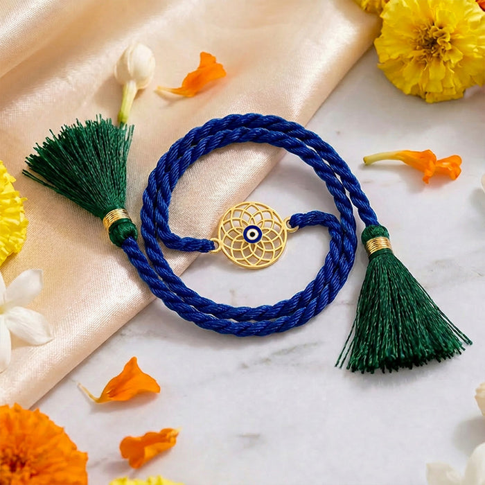 Mystic Mandala Evil Eye Gold Plated Silver Rakhi and Evil Eye Lumba Combo