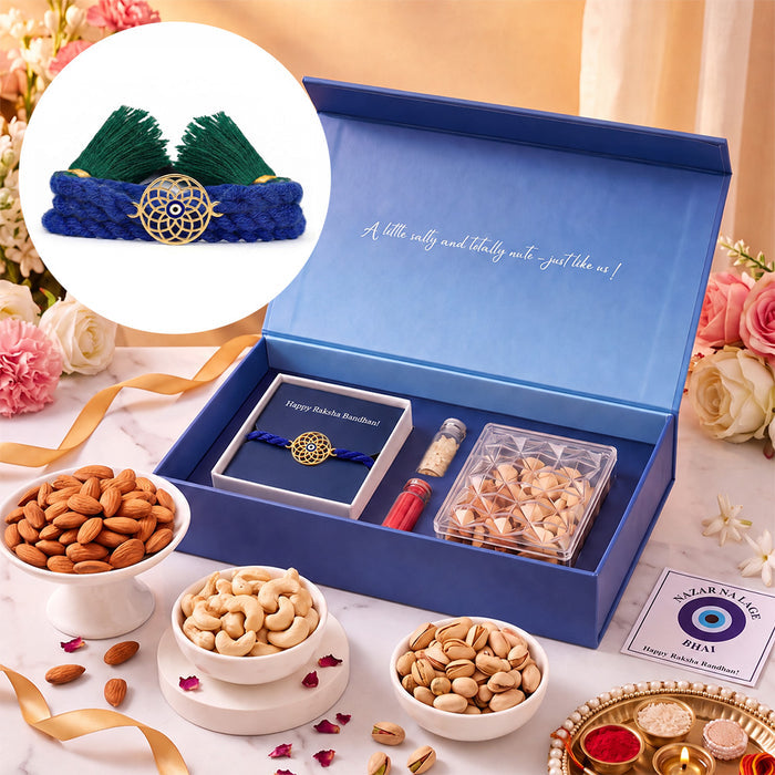 Mystic Mandala Evil Eye Gold Plated Silver Rakhi Dry Fruits Gift Hamper