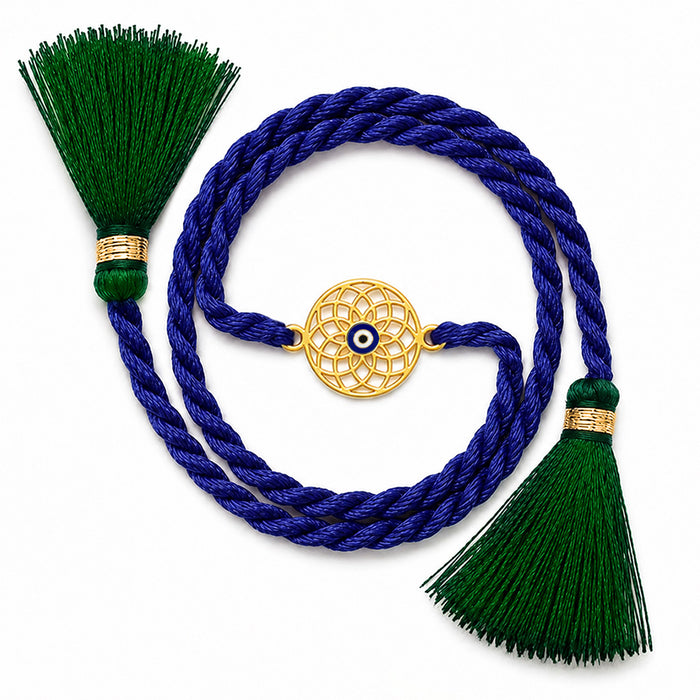 Mystic Mandala Evil Eye Gold Plated Silver Rakhi Dry Fruits Gift Hamper