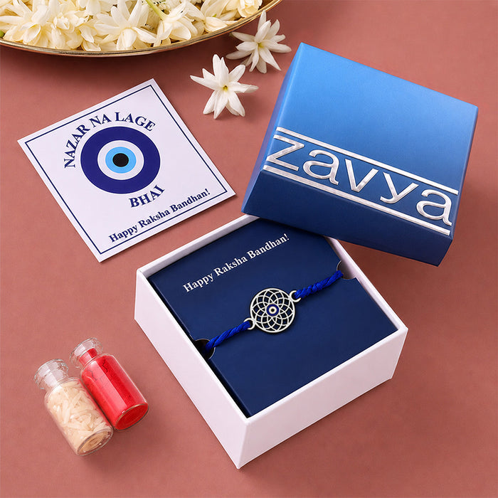 Mystic Mandala Evil Eye Silver Rakhi Floral Lumba Combo