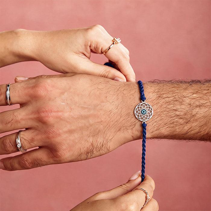 Mystic Mandala Evil Eye Silver Rakhi Floral Lumba Combo