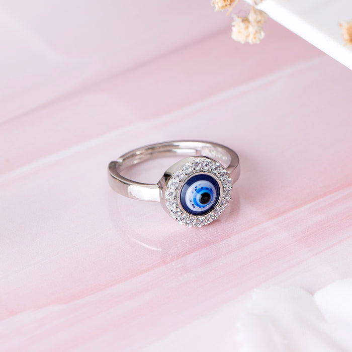 Mystic Ward Evil Eye CZ Rhodium Plated 925 Sterling Silver Ring (Adjustable)