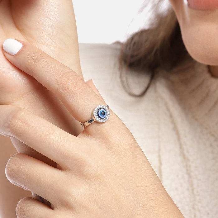 Mystic Ward Evil Eye CZ Rhodium Plated 925 Sterling Silver Ring (Adjustable)