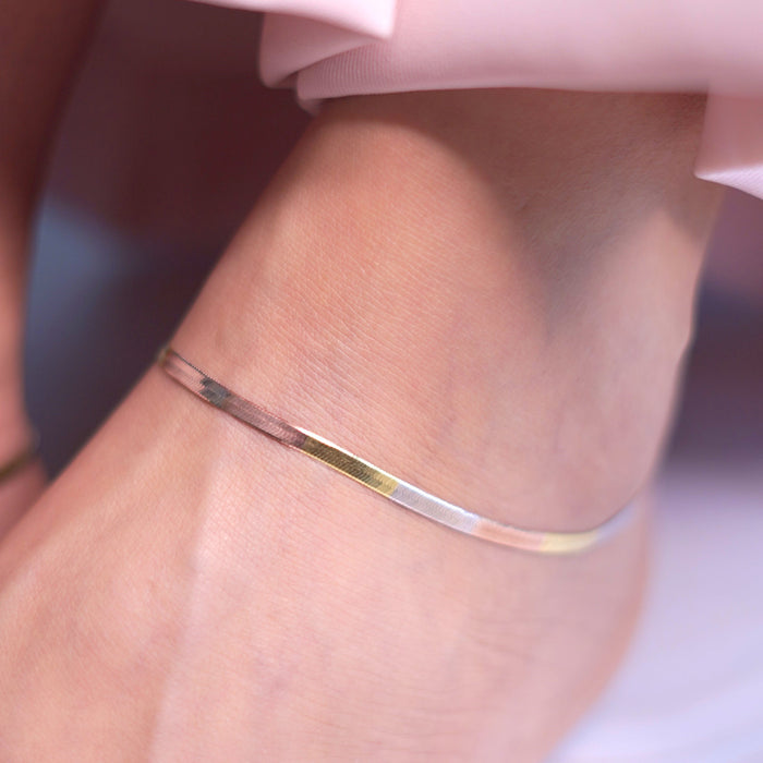 Flat triple tone 925 Sterling Silver anklet for women worn on an ankle. Fine silver jewellery. – Zavya