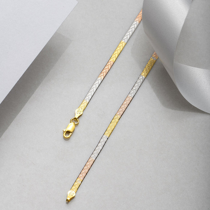 Women's triple tone 925 Sterling Silver anklet with a flat herringbone gold, rose gold & silver chain. – Zavya