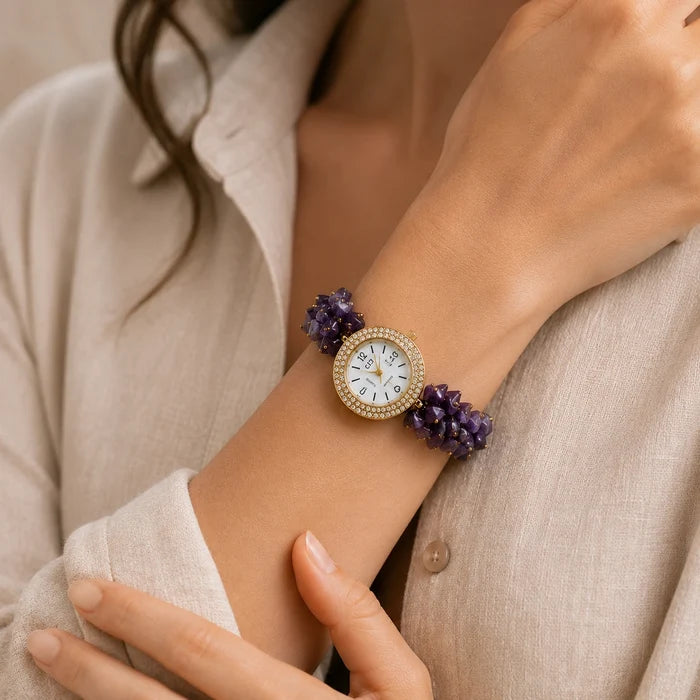 Natural Amethyst Stone Chips Watch | Purple Crystal Wrist Watch