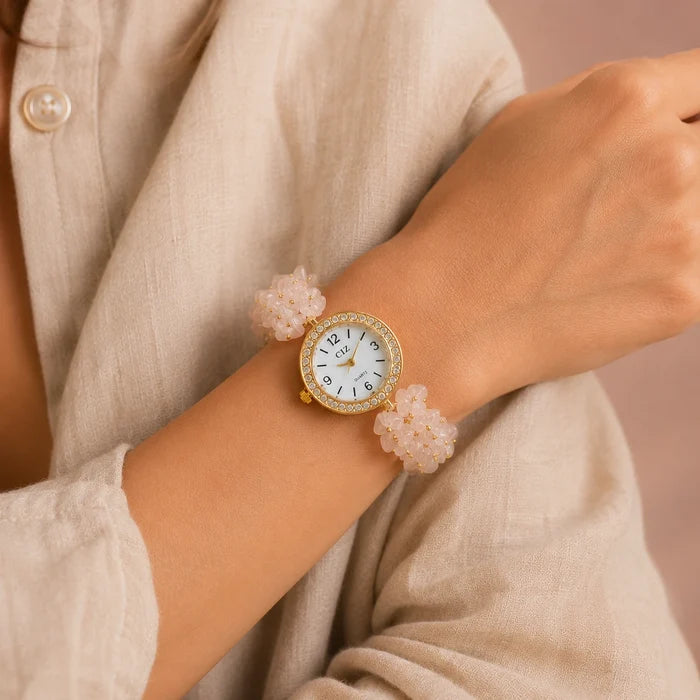 Natural Rose Quartz Stone Chips Watch | Pink Crystal Wrist Watch