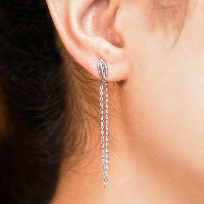 Nature's Elegance Rhodium Plated 925 Sterling Silver Leaf & Chain Earring