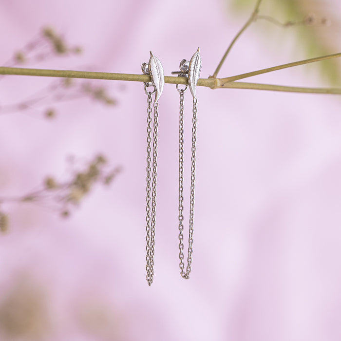 Nature's Elegance Rhodium Plated 925 Sterling Silver Leaf & Chain Earring