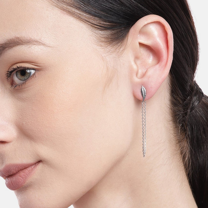 Nature's Elegance Rhodium Plated 925 Sterling Silver Leaf & Chain Earring