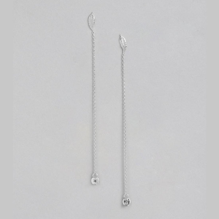 Nature's Elegance Rhodium Plated 925 Sterling Silver Leaf & Chain Earring