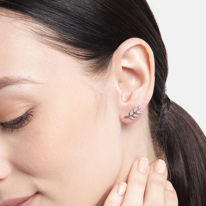 Nature's Elegance Rhodium Plated Stud Earring with Cubic Zirconia