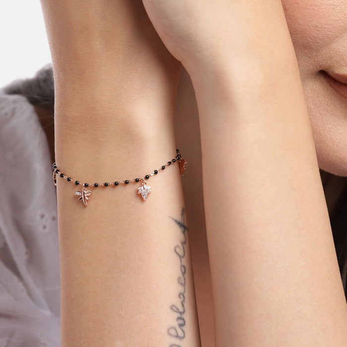 Nature's Whimsy Rose Gold-Plated CZ Leaf & Butterfly 925 Sterling Silver Bracelet