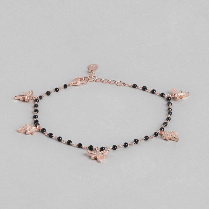 Nature's Whimsy Rose Gold-Plated CZ Leaf & Butterfly 925 Sterling Silver Bracelet