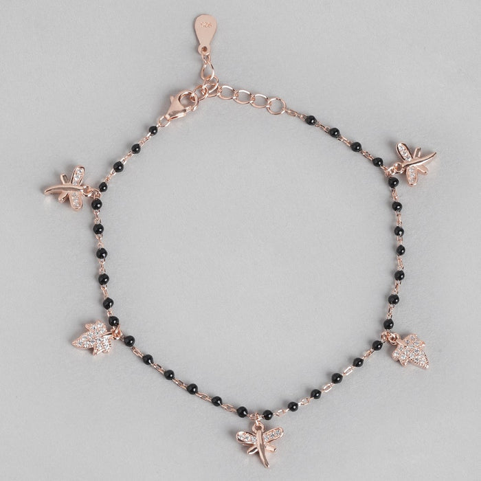 Nature's Whimsy Rose Gold-Plated CZ Leaf & Butterfly 925 Sterling Silver Bracelet