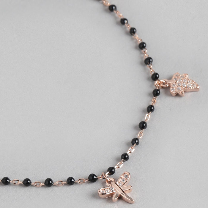 Nature's Whimsy Rose Gold-Plated CZ Leaf & Butterfly 925 Sterling Silver Bracelet