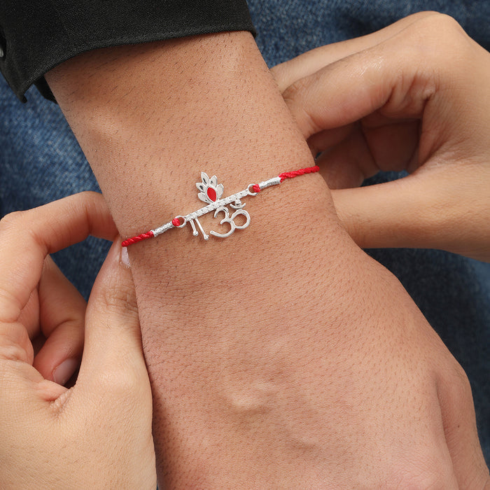 Om Charm Rhodium-Plated Sterling Silver Thread Rakhi For Him