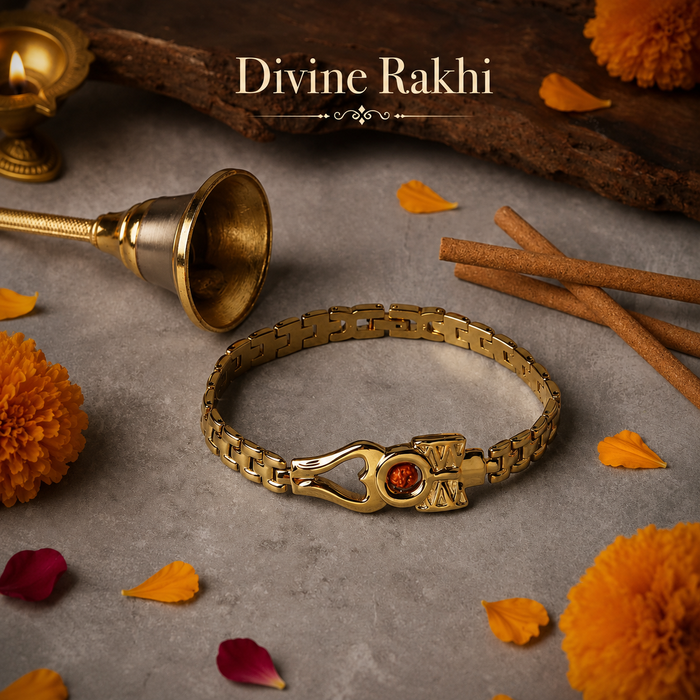 Om Damroo Gold Plated Rudraksha Bracelet featuring 5 Mukhi Rudraksha beads