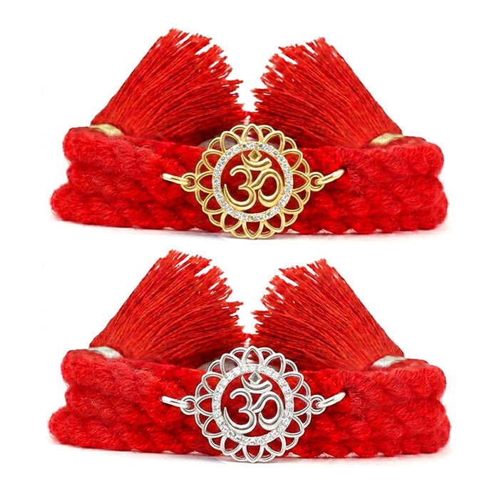 OM Floral CZ Gold and Rhodium Plated 925 Silver Rakhi Combo