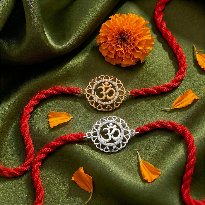 OM Floral CZ Gold and Rhodium Plated 925 Silver Rakhi Combo