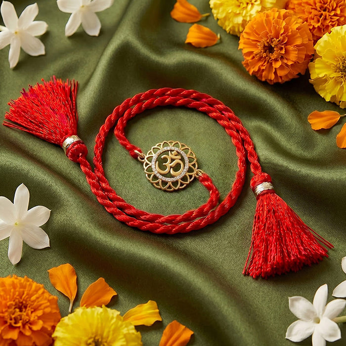 OM Floral CZ Gold Plated Silver Rakhi (Zavya Signature)