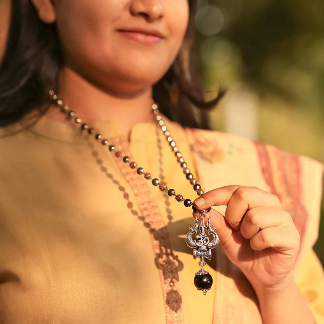 Rudraksha Karungali Malai in Silver-Cap with Om Shiva Trishul with Larger Bead Lifestyle Female
