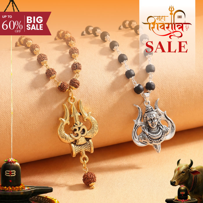 OM Shiva Trishool Rudraksha Necklace Combo with Mahadev Mukh Karungali Pendant