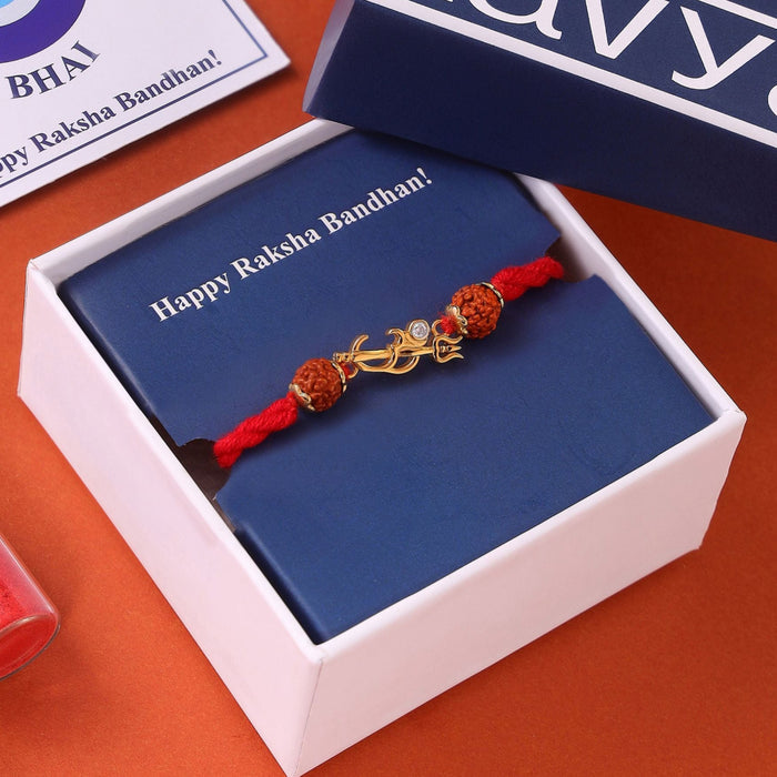 Om Trishul Charm Gold Plated Silver Rudraksha Beads Rakhi