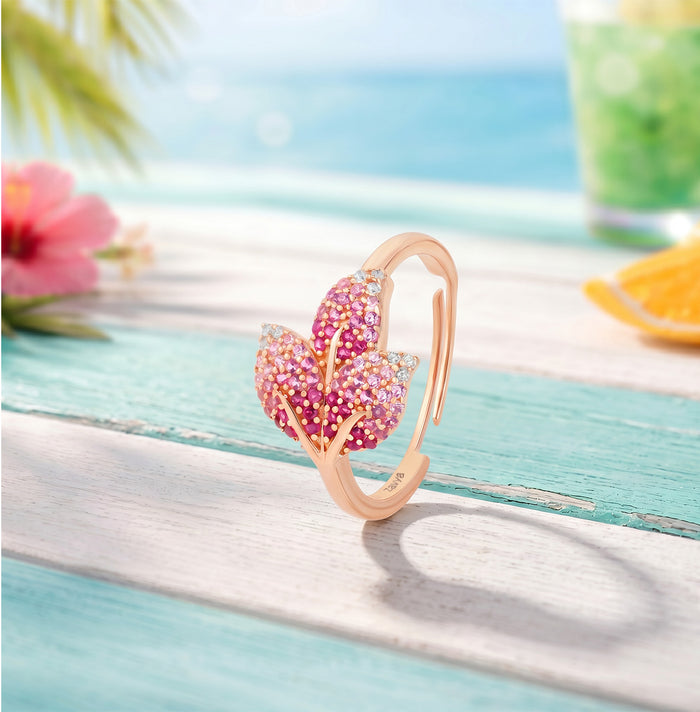 Ombre Blushing Leaf Rose Gold Plated 925 Silver Women Ring (adjustable)