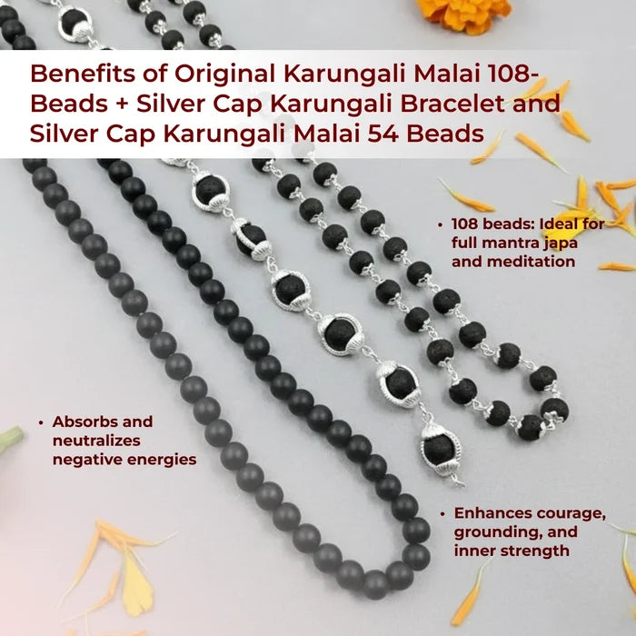 Original Karungali Malai 108-Beads + Silver Cap Karungali Bracelet and Silver Cap Karungali Malai 54 Beads with Govt.
