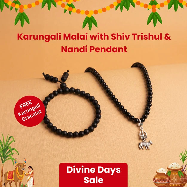 Original Karungali Malai with Shiv Trishul & Nandi Pendant with FREE Karungali Bracelet