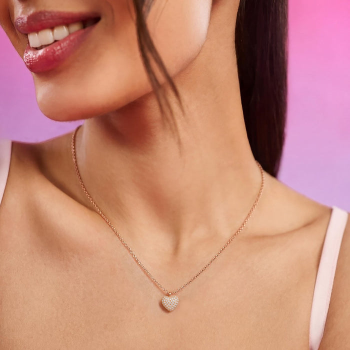 Pave Heart Rose Gold Plated 925 Sterling Silver Necklace