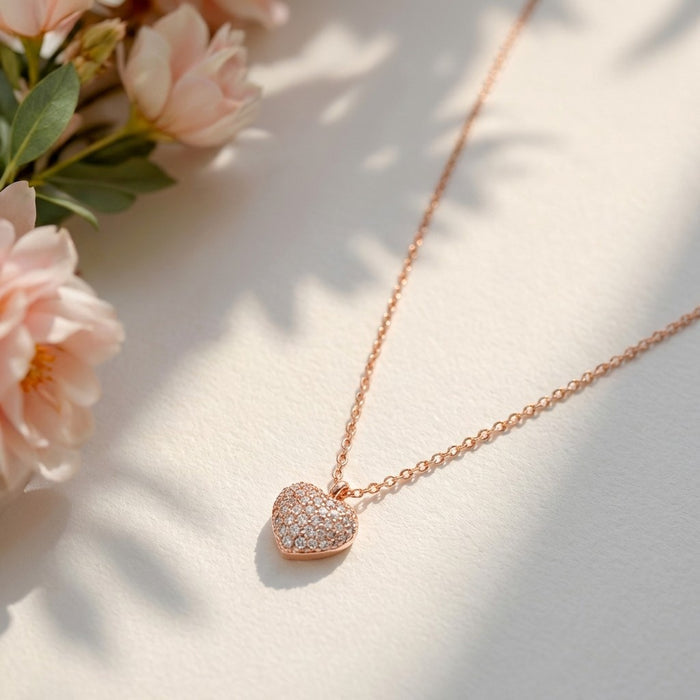 Rose gold plated 925 Sterling Silver necklace with a pave heart pendant and pink flowers. – Zavya