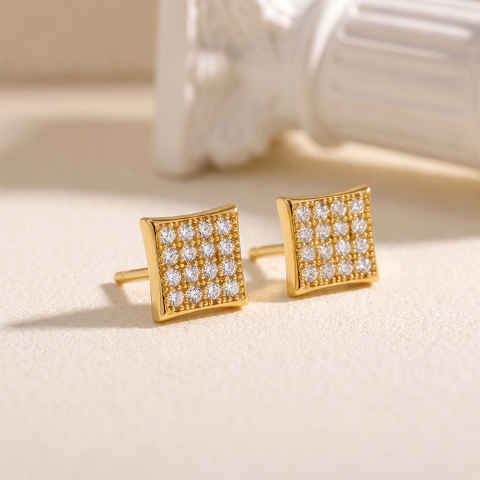 Pavé Square Gold Plated 925 Sterling Silver Men's Stud Earrings