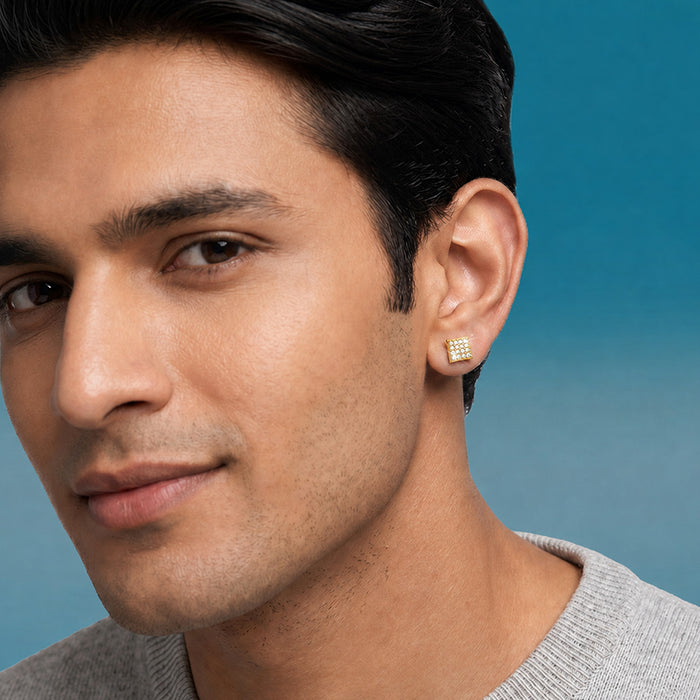 Pavé Square Gold Plated 925 Sterling Silver Men's Stud Earrings