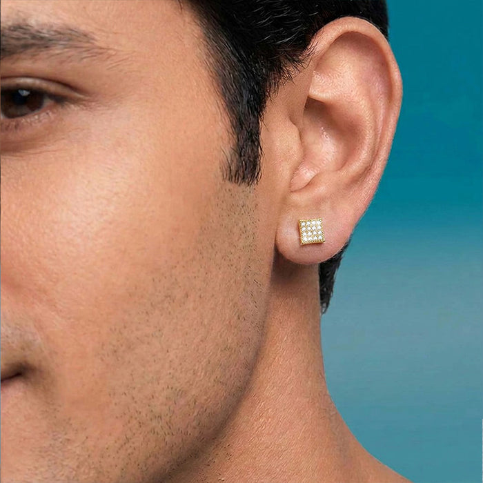 Pavé Square Gold Plated 925 Sterling Silver Men's Stud Earrings