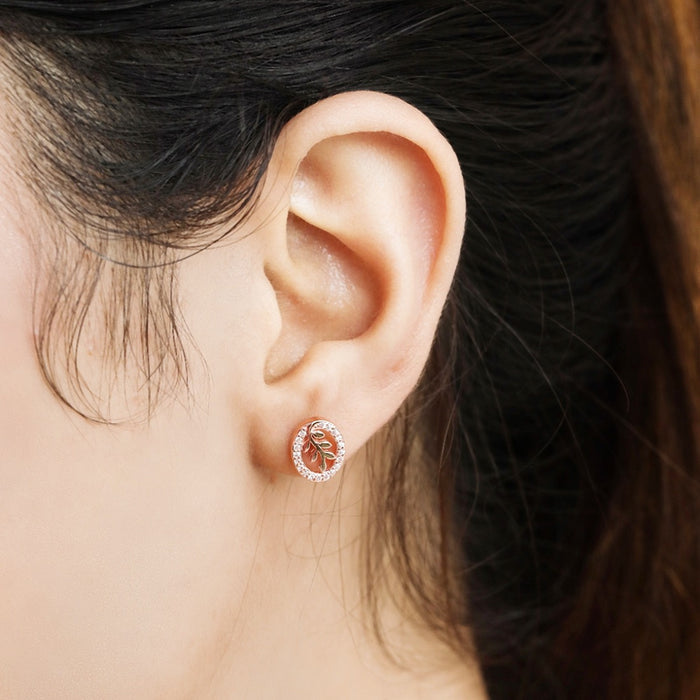 Peace in Circle CZ Rose Gold-Plated 925 Sterling Silver Stud Earrings