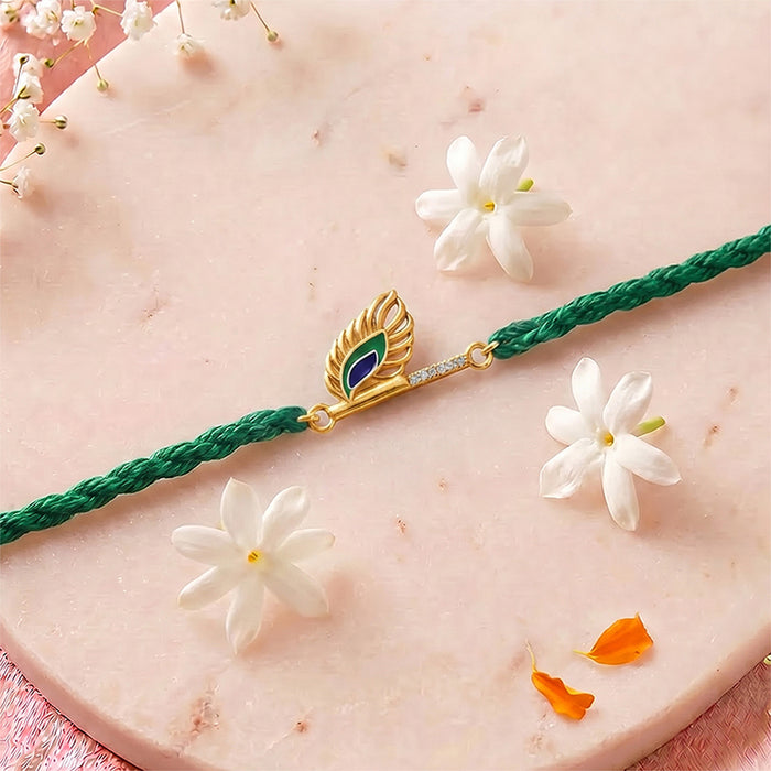 Peacock Feather Charm Gold Plated 925 Sterling Silver Thread Rakhi for Him