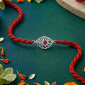 Peacock Feather CZ Pink Stone Silver Rakhi (Zavya Signature)