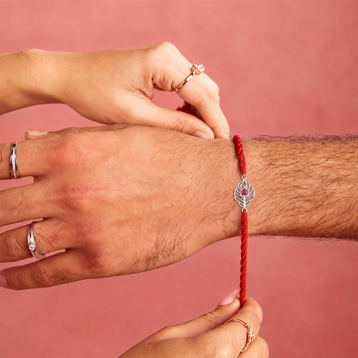 Peacock Feather CZ Pink Stone Silver Rakhi (Zavya Signature)