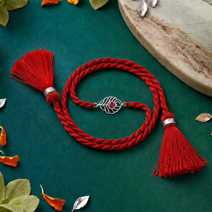 Peacock Feather CZ Pink Stone Silver Rakhi (Zavya Signature)