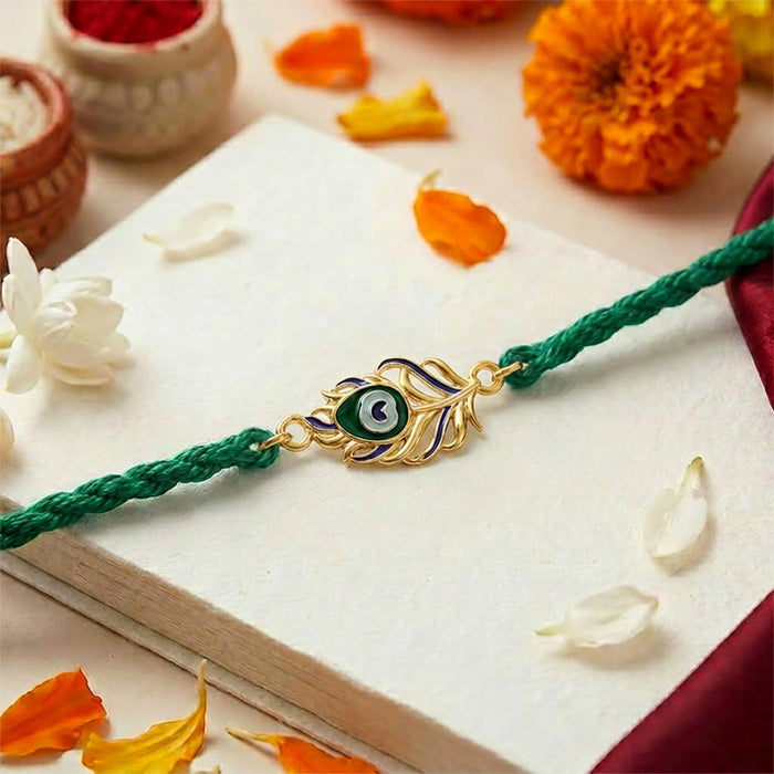 Peacock Feather Gold Plated Silver Rakhi (Zavya Signature)