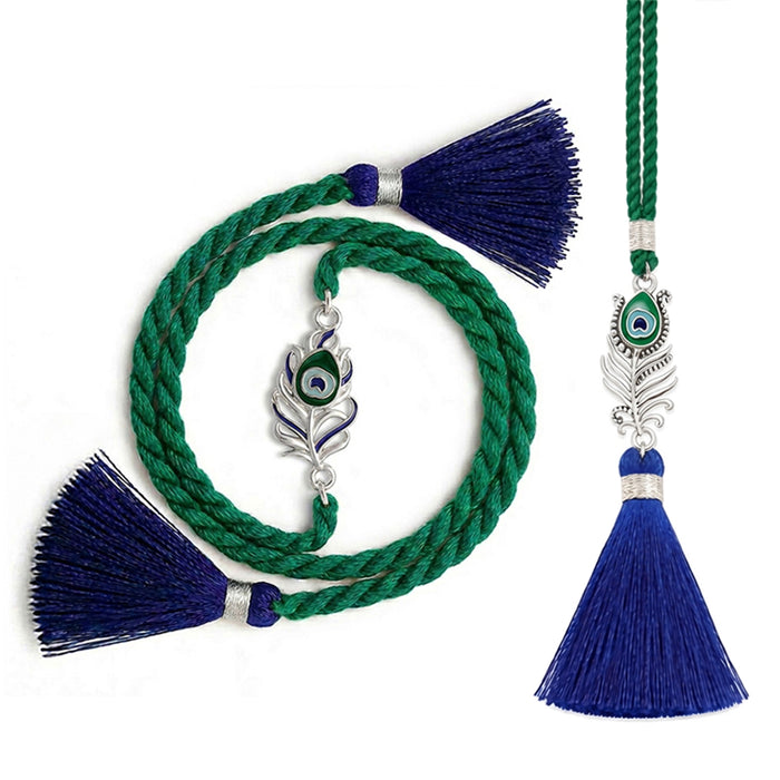 Peacock Feather Oxidised and Rhodium Plated Silver Rakhi Combo